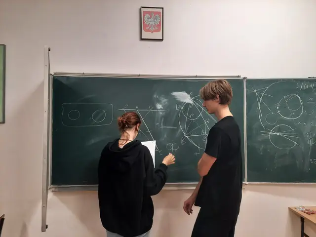 Uczestnicy V Warsztatów Matematycznych omawiają rozwiązanie przy tablicy